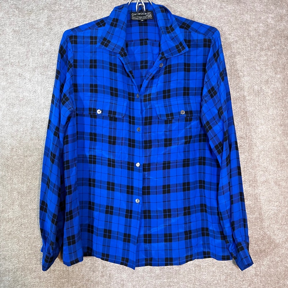 Vintage Carole Little Button Up Shirt Womens 10 Blue Silk Plaid Grunge Goth Core